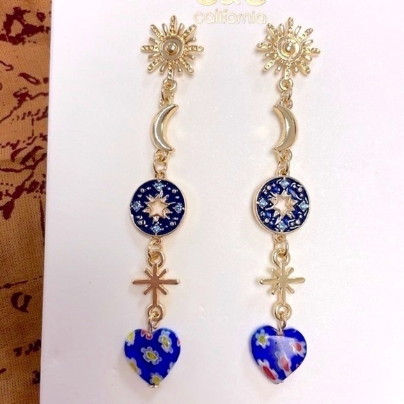 Brand New C&C California Gold Tone Blue Flower Heart Moon Star Drop Earrings - Picture 6 of 14